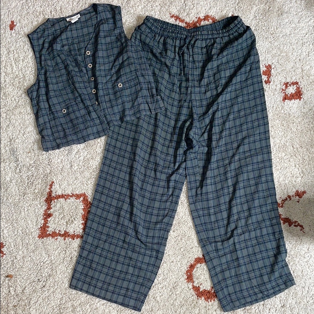 Jones NY Co- Vintage- Wide Leg Trousers & Crop Vest- Blue Plaid- Rayon